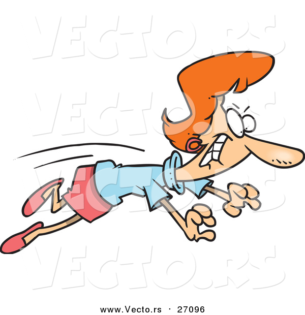 Vector of a Cartoon Red Haired White Business Woman Leaping for an Opportunity