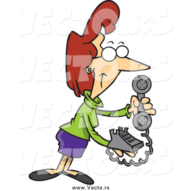 Vector of a Cartoon Red Haired White Businesswoman Holding a Desk Phone