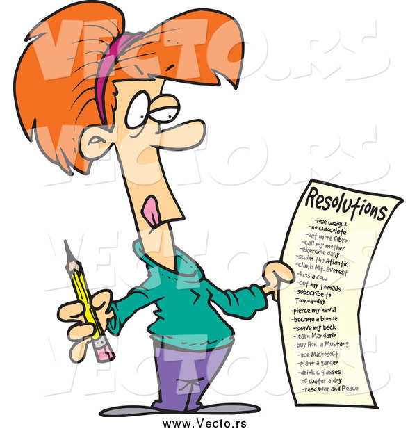 Vector of a Cartoon Red Haired White Woman Holding a Long New Year Resolutions List
