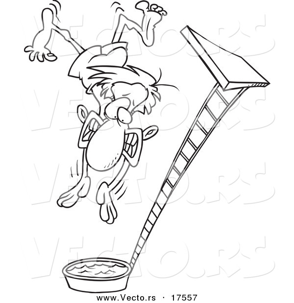 Vector of a Cartoon Regretful Man Falling from a High Dive - Coloring Page Outline