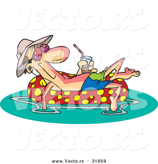 Vector of a Cartoon Relaxed White Man Floating in an Inner Tube with a Beverage