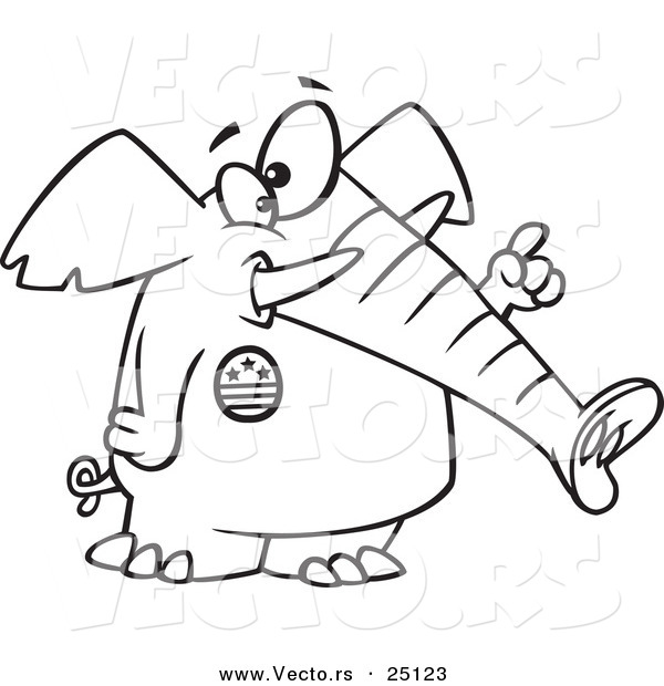 Vector of a Cartoon Republican Elephant Wearing a Button and Holding up a Finger - Coloring Page Outline