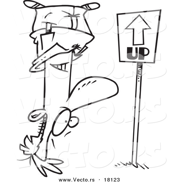 Vector of a Cartoon Reversed Man Upside Down, Facing an up Sign - Outlined Coloring Page