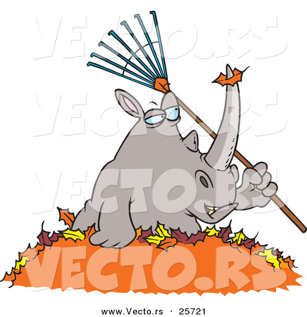 Vector of a Cartoon Rhino Holding a Rake in a Pile of Autumn Leaves