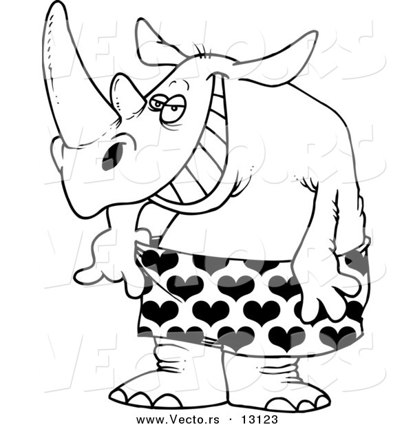 Vector of a Cartoon Rhino in Loose Heart Boxers - Coloring Page Outline