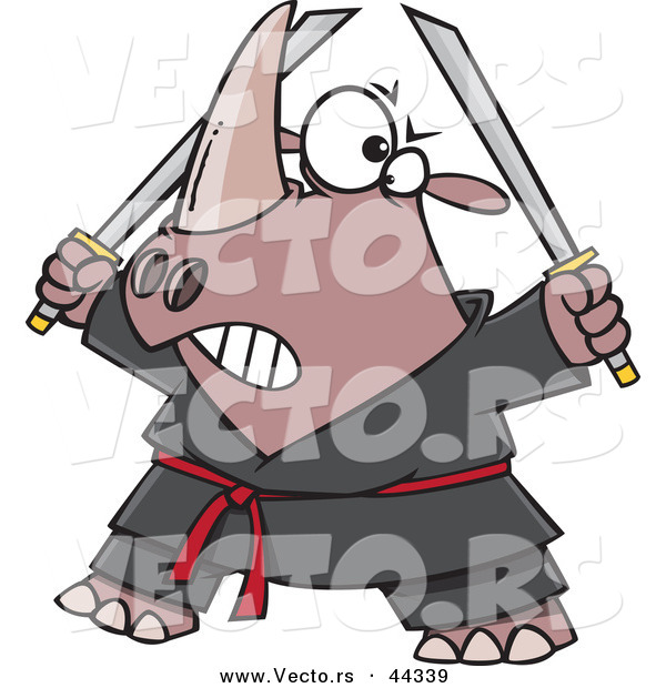 Vector of a Cartoon Rhino Ninja Holding 2 Swords
