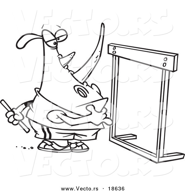 Vector of a Cartoon Rhino Staring at a Hurdle - Outlined Coloring Page
