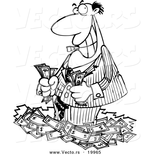 Vector of a Cartoon Rich Businessman Standing in Cash - Outlined Coloring Page