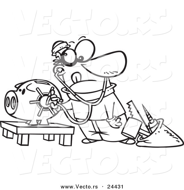 Vector of a Cartoon Robber Unlocking a Piggy Bank Vault - Outlined Coloring Page