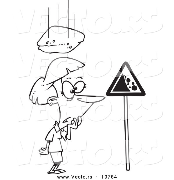 Vector of a Cartoon Rock Falling down on a Woman - Outlined Coloring Page