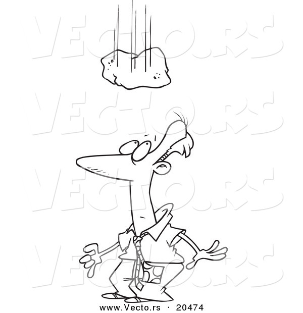 Vector of a Cartoon Rock Falling over a Businessman - Coloring Page Outline