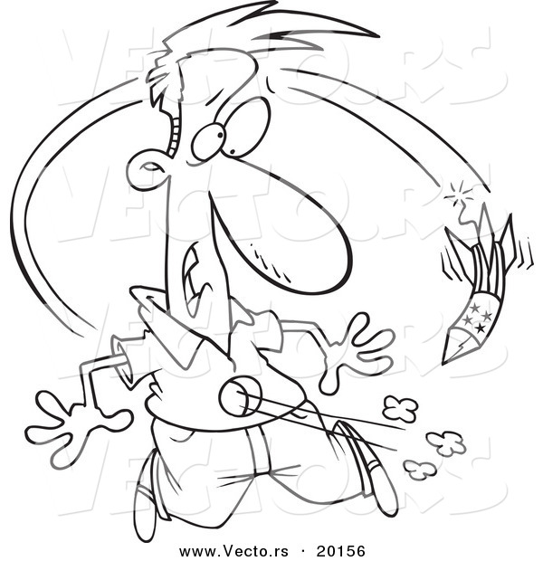 Vector of a Cartoon Rocket Firework Going Through a Man's Belly - Outlined Coloring Page