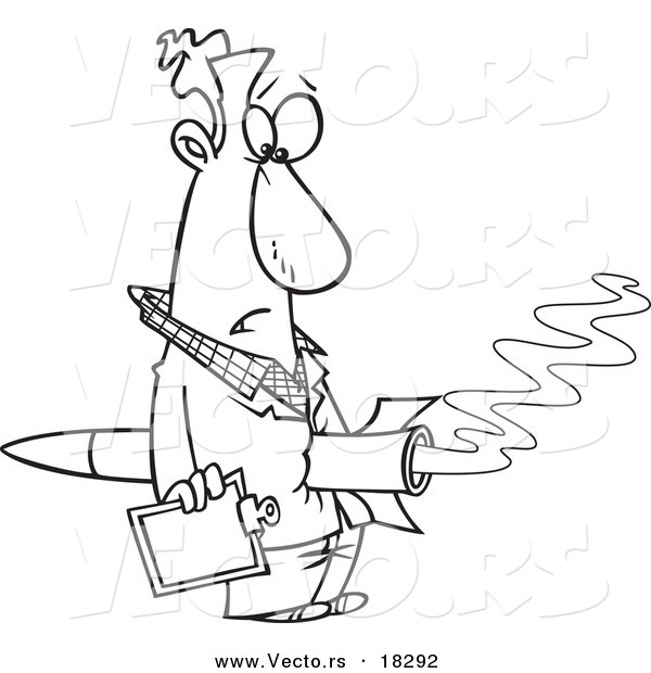 Vector of a Cartoon Rocket Through a Man's Stomach - Outlined Coloring Page