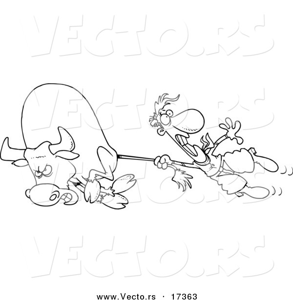 Vector of a Cartoon Rodeo Cowboy Holding onto a Bull's Tail - Coloring Page Outline