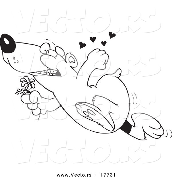 Vector of a Cartoon Romantic Bear Running with Flowers - Coloring Page Outline