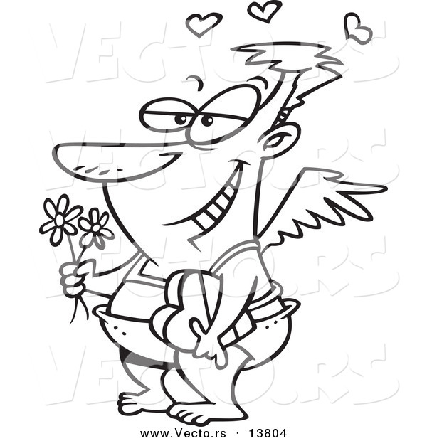 Vector of a Cartoon Romantic Cupid Holding a Box of Valentine Candy and Flowers - Coloring Page Outline