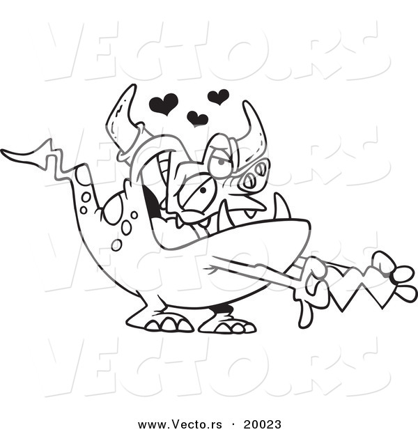 Vector of a Cartoon Romantic Monster Holding Paper Hearts - Outlined Coloring Page