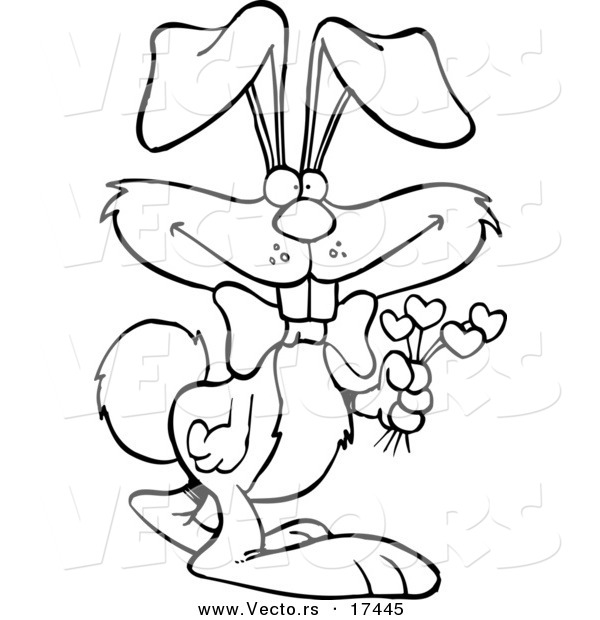 Vector of a Cartoon Romantic Rabbit Holding Flowers - Coloring Page Outline
