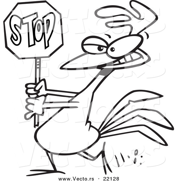 Vector of a Cartoon Rooster Carrying a Stop Sign - Outlined Coloring Page