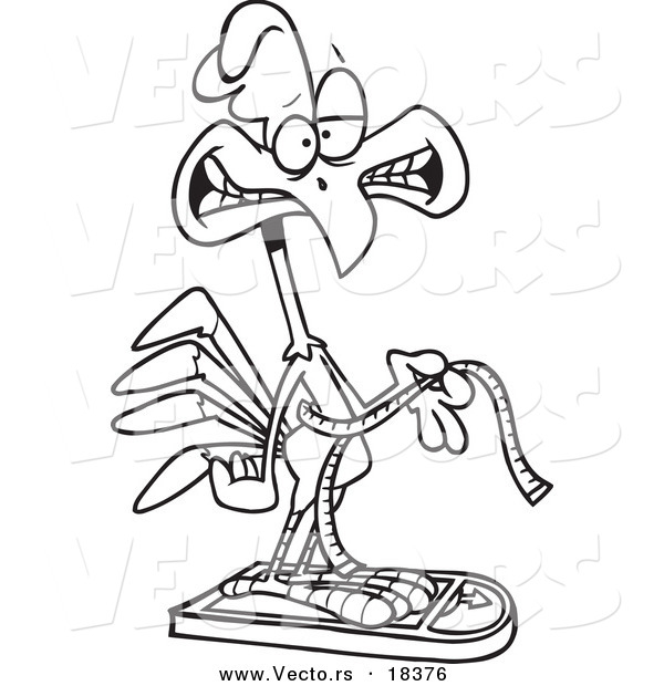 Vector of a Cartoon Rooster Measuring and Weighing Himself - Outlined Coloring Page