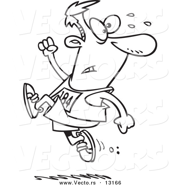 Vector of a Cartoon Runner Man Ahead of the Crowd - Coloring Page Outline