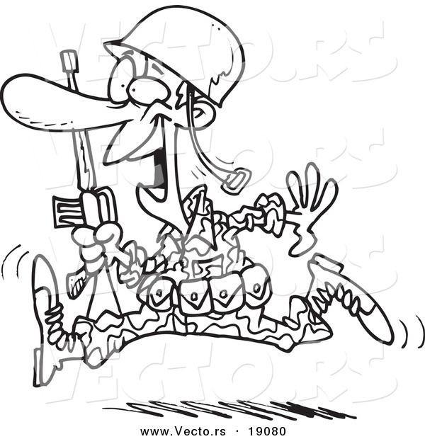 Vector of a Cartoon Running Marine Soldier - Outlined Coloring Page