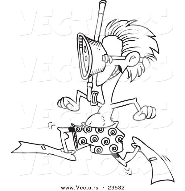 Vector of a Cartoon Running Snorkeler - Coloring Page Outline