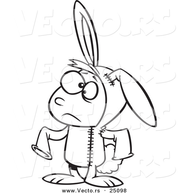 Vector of a Cartoon Sad Boy in a Bad Bunny Halloween Costume - Coloring Page Outline