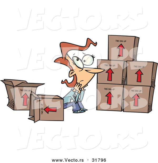Vector of a Cartoon Sad Caucasian Woman Sitting by Moving Boxes