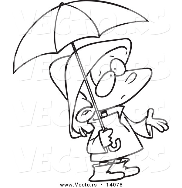 Vector of a Cartoon Sad Girl in Rain Gear, Waiting for Showers - Coloring Page Outline