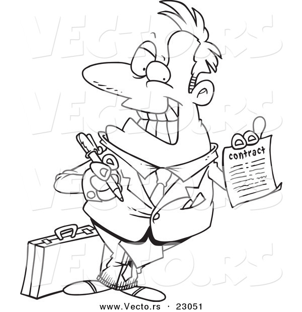 Vector of a Cartoon Salesman Holding a Contract - Coloring Page Outline