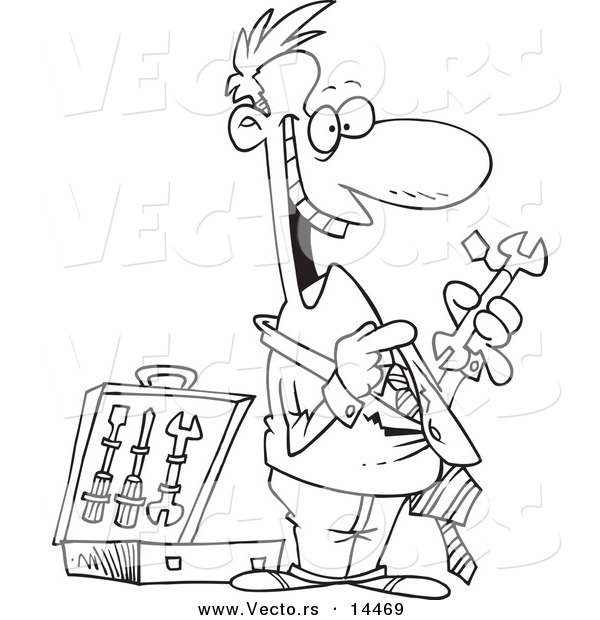 Vector of a Cartoon Salesman Trying to Sell Tools - Coloring Page Outline