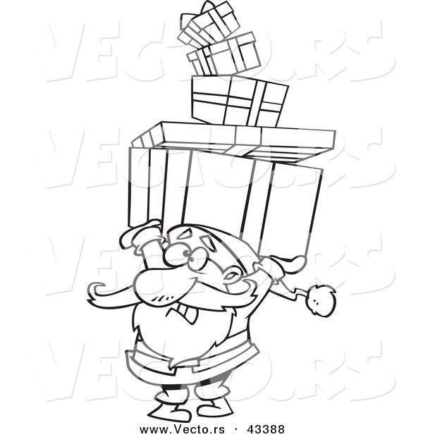 Vector of a Cartoon Santa Carrying a Stack of Christmas Presents over His Head - Coloring Page Outline