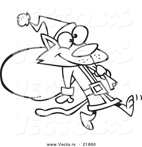 Vector of a Cartoon Santa Cat Carrying a Sack - Outlined Coloring Page