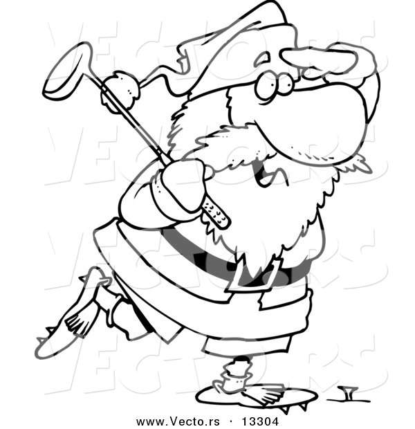 Vector of a Cartoon Santa Golfing - Coloring Page Outline