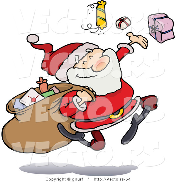 Vector of a Cartoon Santa Happily Distributing Presents to Everyone Everywhere