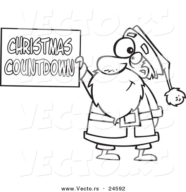 Vector of a Cartoon Santa Holding a Christmas Countdown Sign - Outlined Coloring Page
