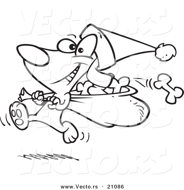 Vector of a Cartoon Santa Paws Dog Carrying a Bag of Bones - Coloring Page Outline