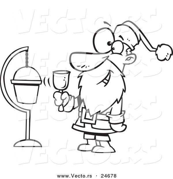 Vector of a Cartoon Santa Ringing a Bell by a Donation Cup - Outlined Coloring Page
