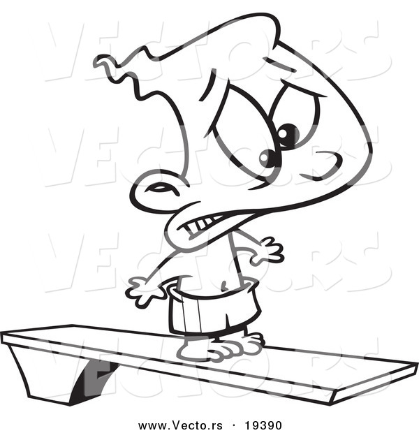 Vector of a Cartoon Scared Boy on a Diving Board - Outlined Coloring Page