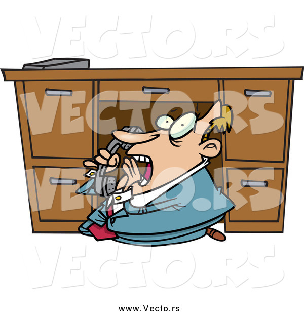 Vector of a Cartoon Scared Businessman Hiding Under His Desk and Calling the Police