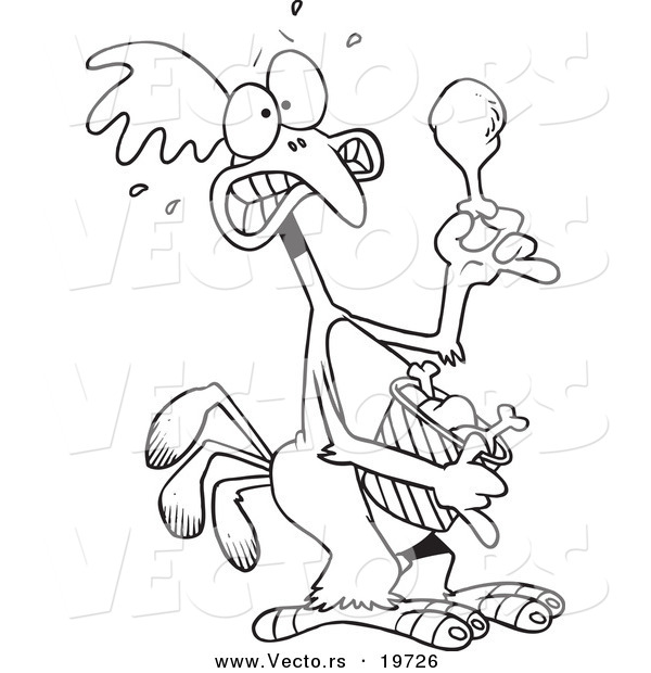 Vector of a Cartoon Scared Chicken Holding a Drumstick - Outlined Coloring Page
