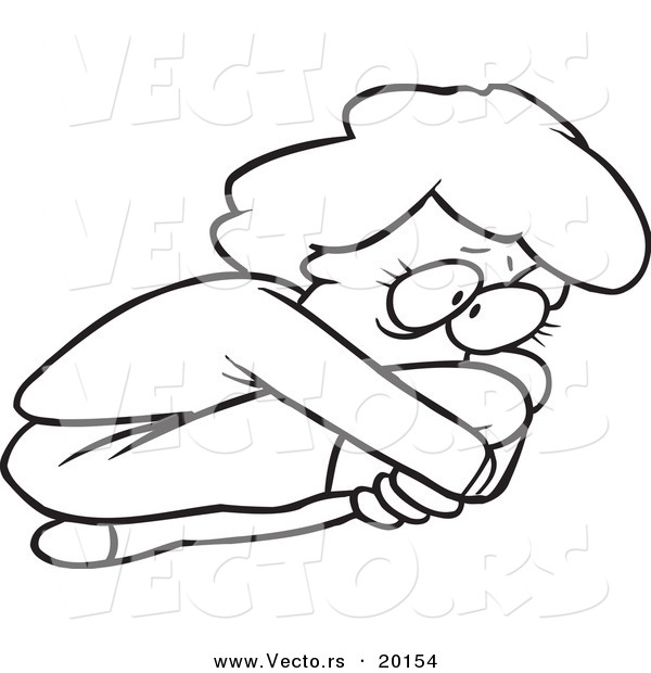 Vector of a Cartoon Scared Woman Curled up in a Fetal Position - Outlined Coloring Page