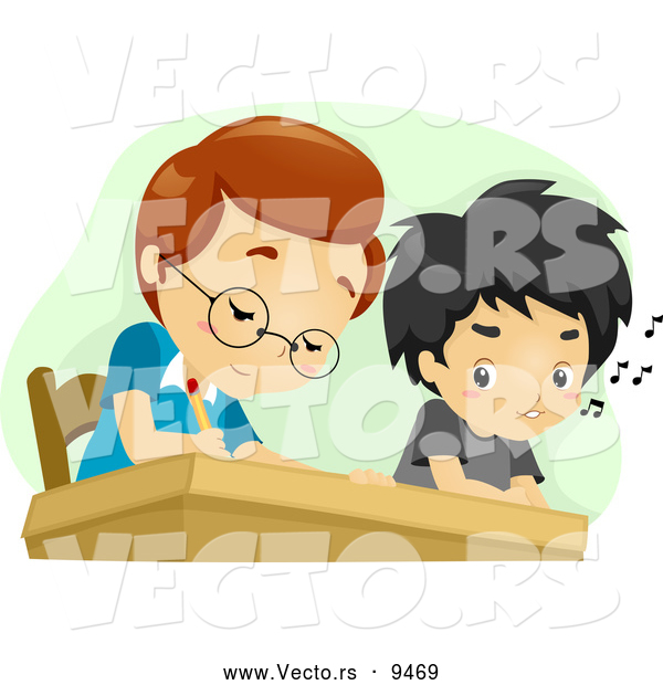 Vector of a Cartoon School Boy Cheating on a Test by Looking at His Friends Answers