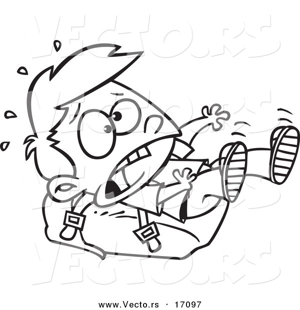 Vector of a Cartoon School Boy Falling on a Heavy Backpack - Coloring Page Outline