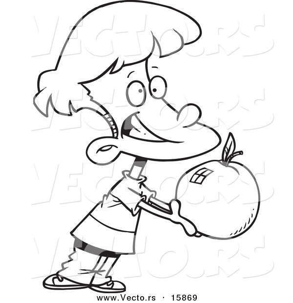 Vector of a Cartoon School Boy Holding out a Large Apple - Outlined Coloring Page Drawing