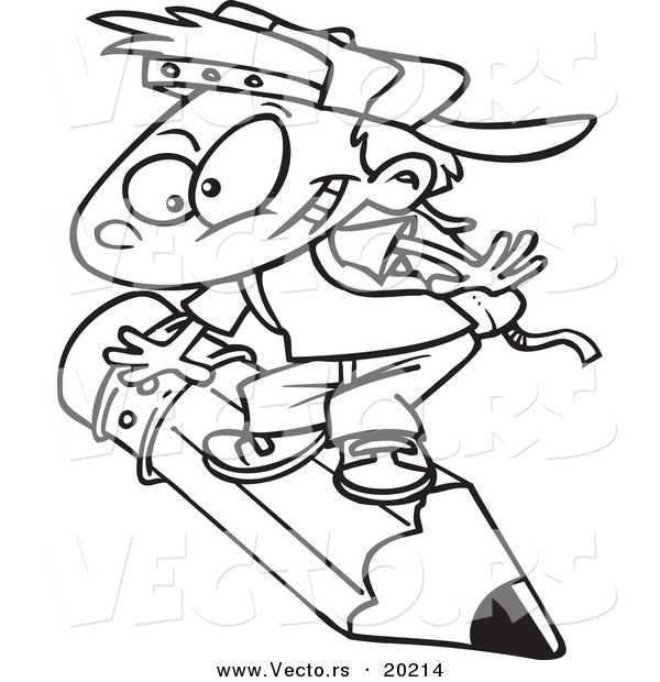Vector of a Cartoon School Boy Riding a Pencil - Outlined Coloring Page