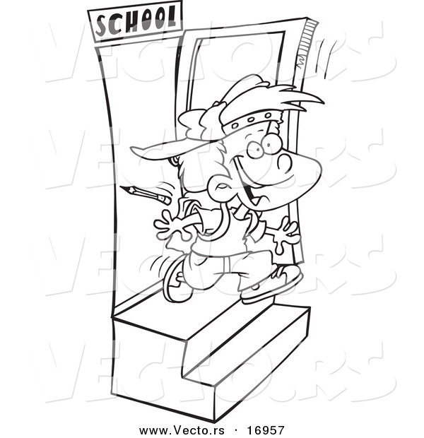 Vector of a Cartoon School Boy Running out the Door - Coloring Page Outline
