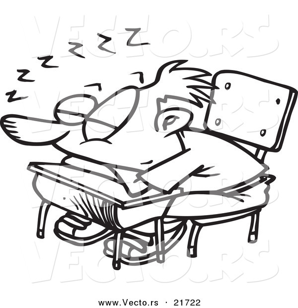 Vector of a Cartoon School Boy Sleeping on His Desk - Outlined Coloring Page