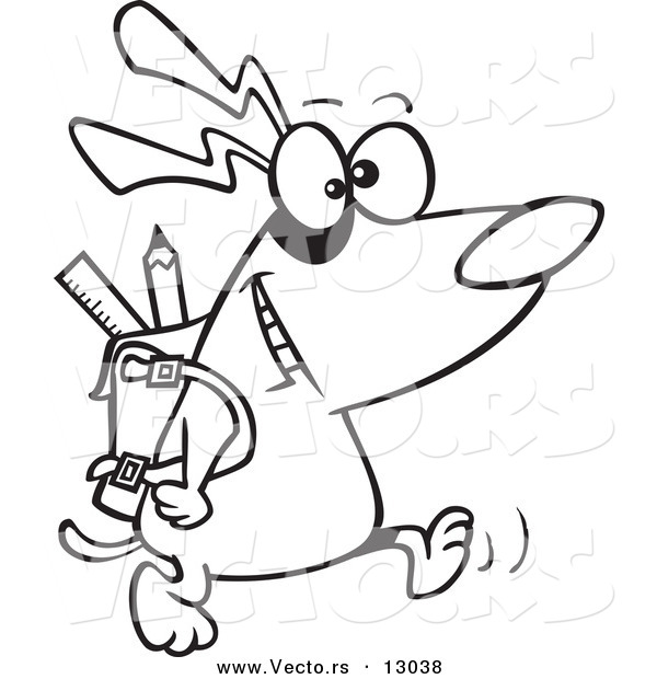 Vector of a Cartoon School Dog Running with Backpack - Coloring Page Outline Version